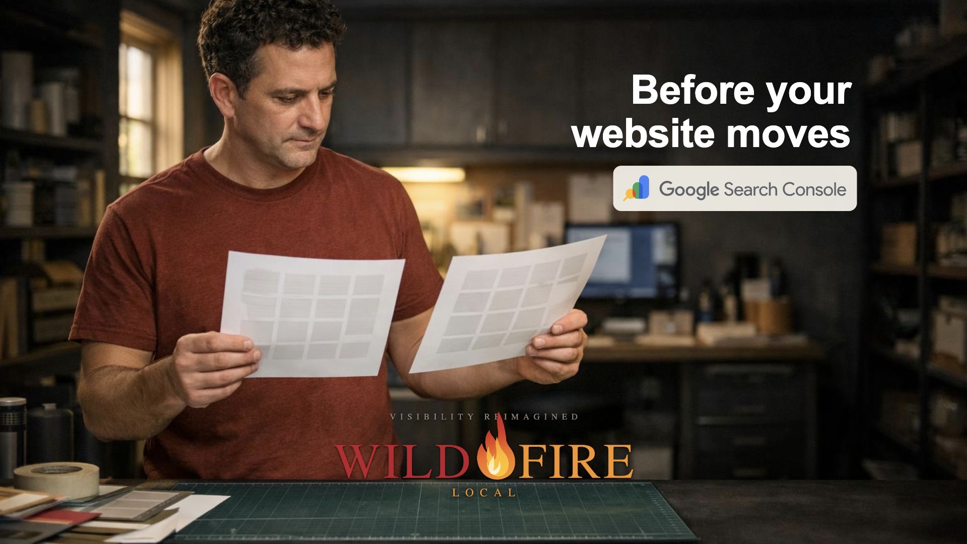 AI-generated editorial scene of a man comparing page layouts at a studio workbench; headline: “Before your website moves” with the Google Search Console mark and Wildfire Local logo.