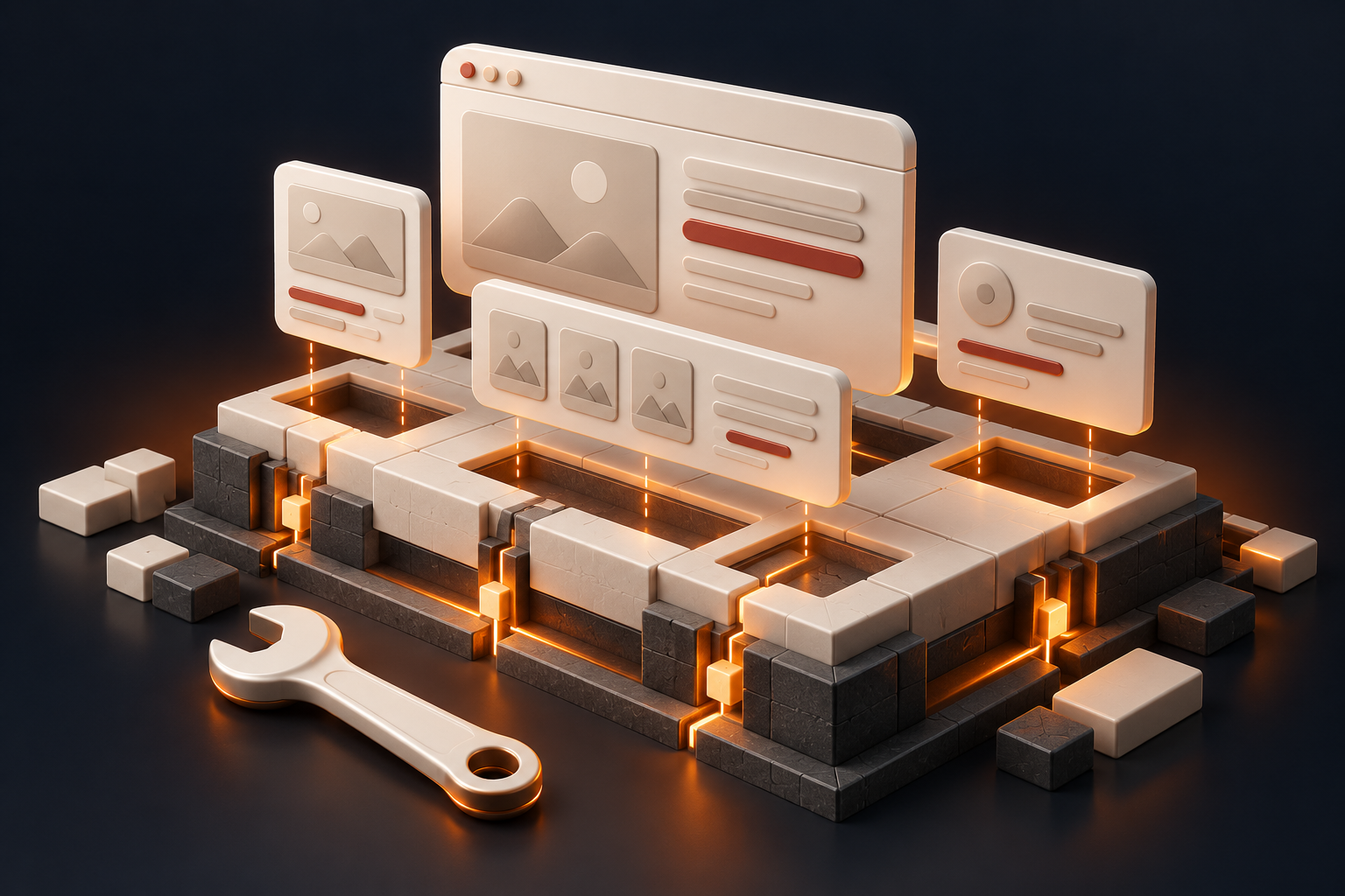 Illustrated website modules being rebuilt on a structured digital foundation