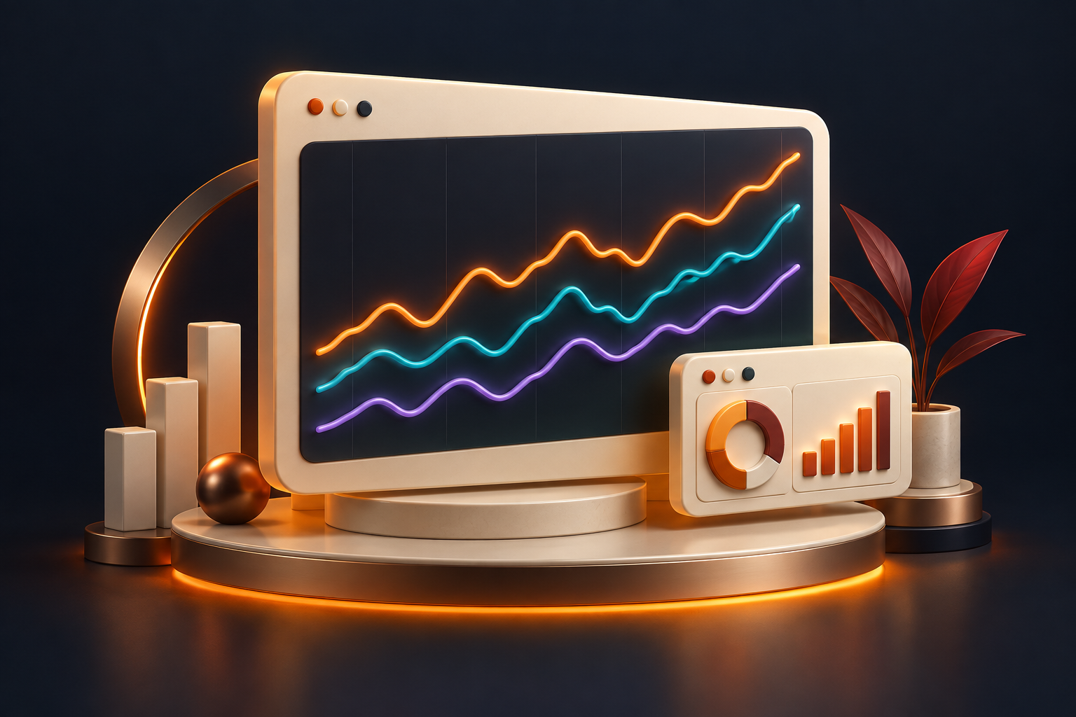 Illustrative monitoring dashboard with fluctuating lines trending upward