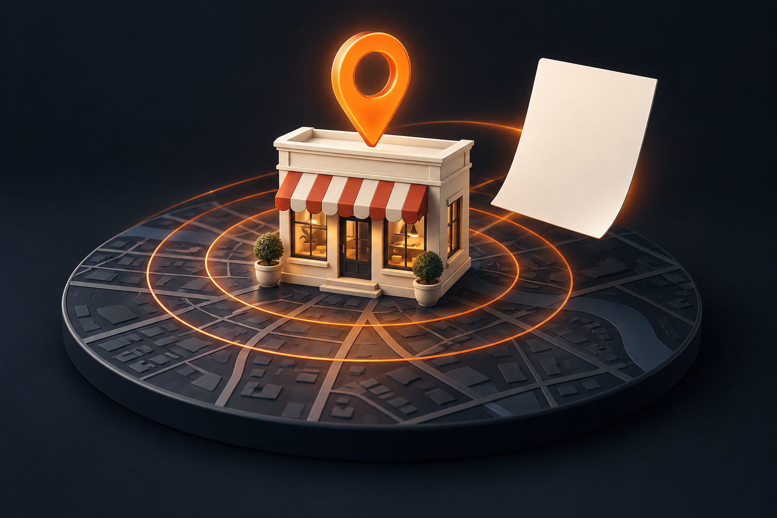 Illustration of a local storefront with a glowing location pin and visibility report